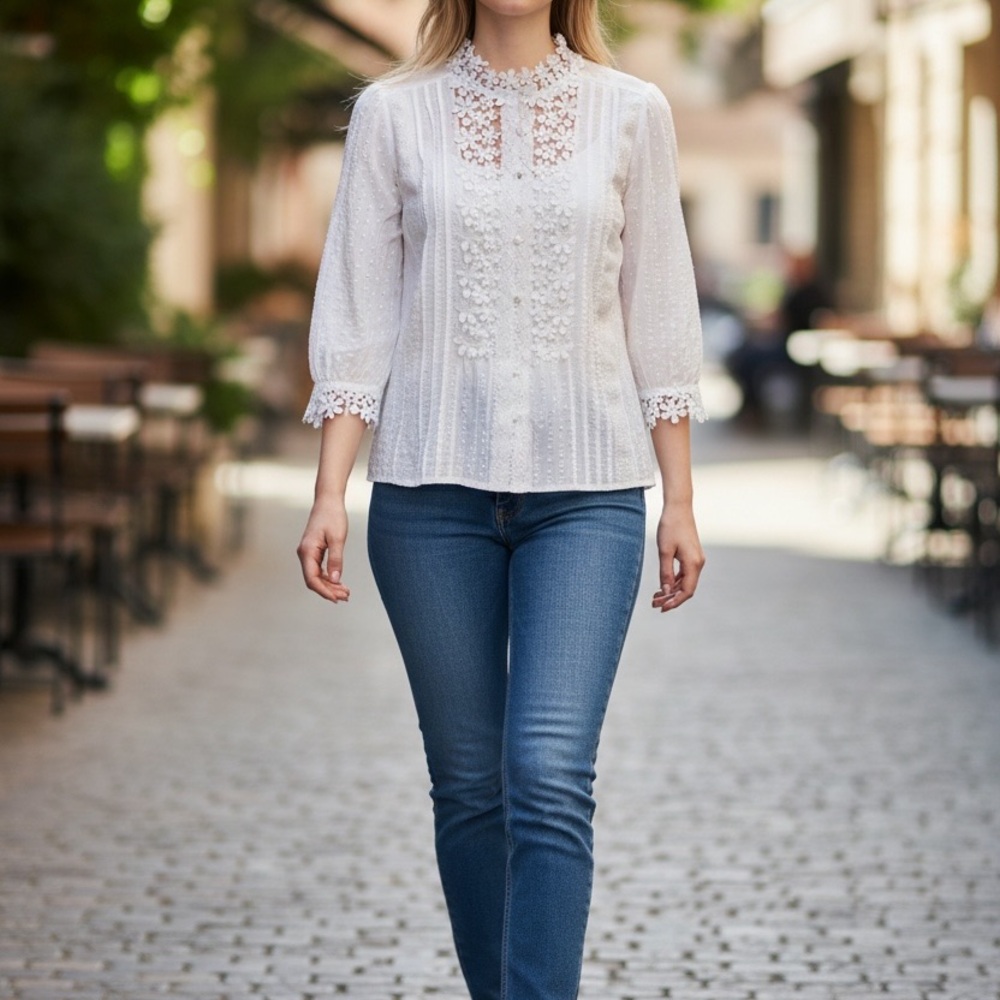 White Lace Blouse - Floral Lace Detailing, High-Neck, Button-down